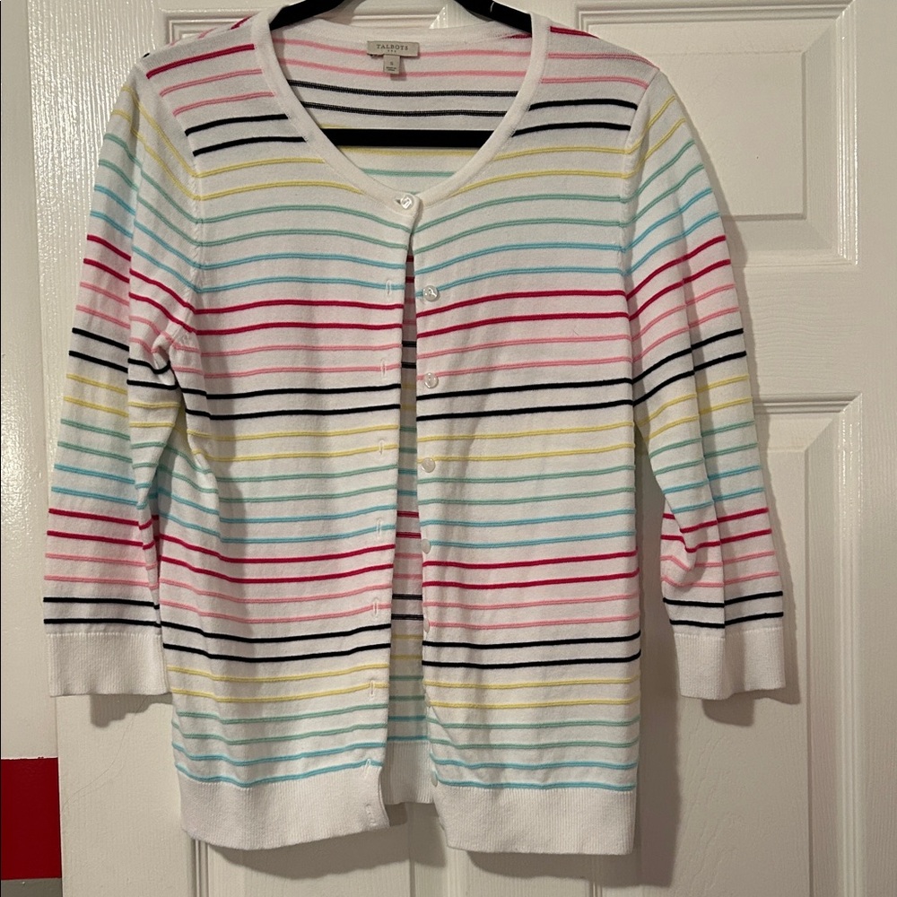 Talbots White Cardigan with Multicolor Stripes